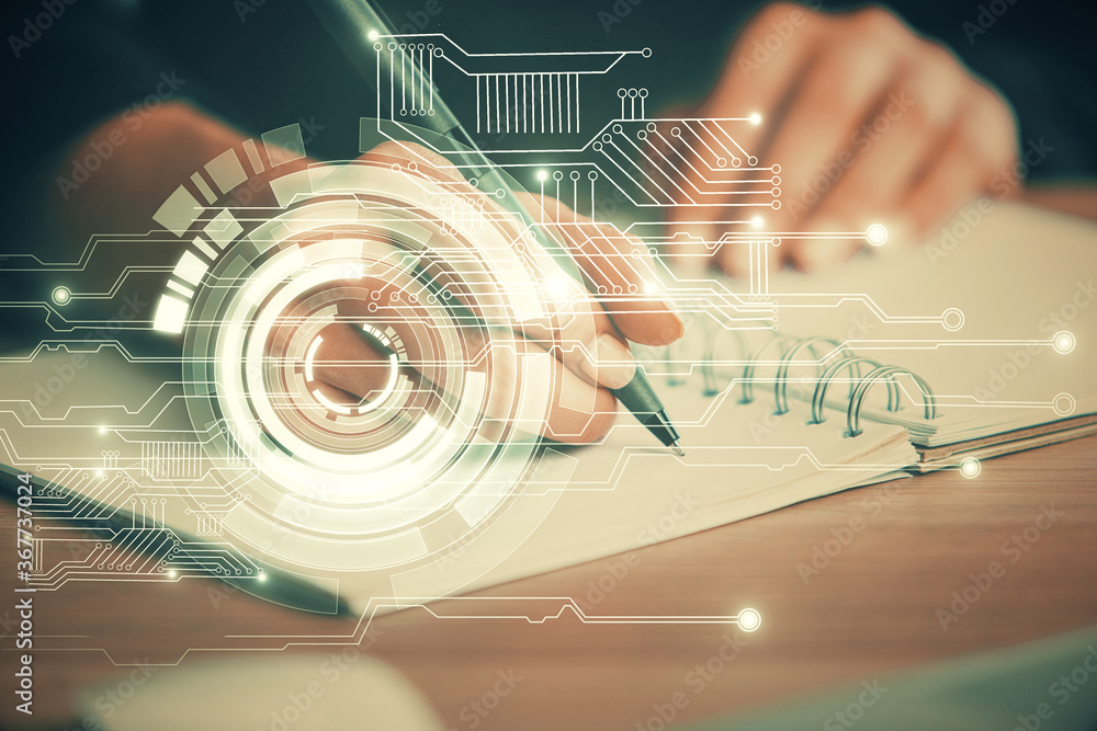 Poster Double exposure of writing hands on background with data solution hologram on front. Technology concept. Close up