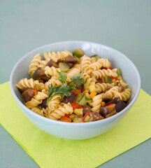 Amaranth pasta spirals fusilli with stewed seasonal vegetables