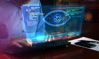 Cyber spying hacking and supervise eye symbol on screen illustration