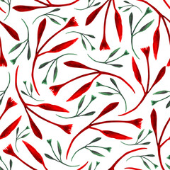 Bright red and green twigs on a white background. Watercolor seamless pattern. Design for cloth, print, wrapping, card.