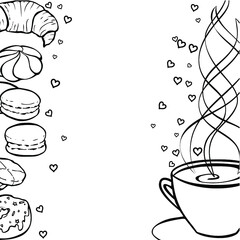Cup of coffee with steam. Tea party frame. Black and white hand drawn border for menus, invitations, cards, envelopes and sweet notes on Valentines Day. Coloring book