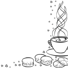 Cup of coffee with steam. Tea party frame. Black and white hand drawn border for menus, invitations, cards, envelopes and sweet notes on Valentines Day. Coloring book