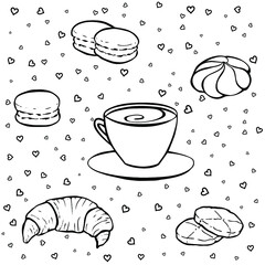 Tea party elements. Black and white hand drawn objects for invitations, patterns, cards, envelopes and sweet notes on Valentine's Day. Coloring book