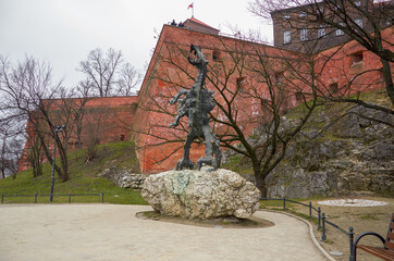 Poland. Krakow. Sculpture Wawel Dragon in Krakow. February 21, 2018