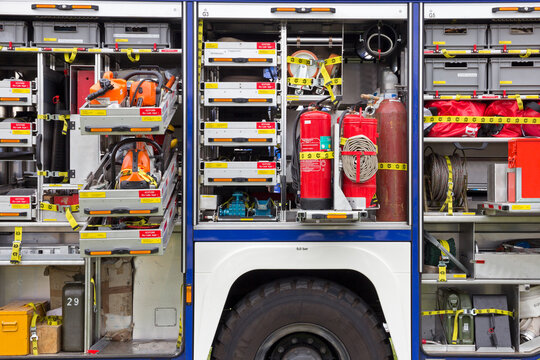 LAAGE GERMANY - AUG 23 2014: Fire Truck Interior Equipment.