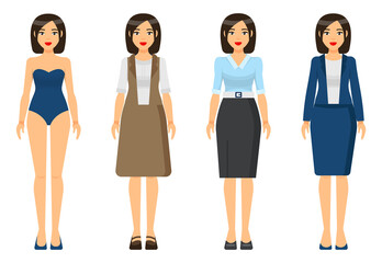 Fototapeta premium Cartoon characters. Woman brunette with short haircut wearing different clothes. Girl in underwear. Businesslady wear business and home dress, skirt and blouse, office suit with jacket. Set of clothes