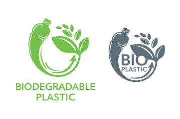 Biodegradable plastic sign - bottle turns to plant - eco friendly compostable material production (environment protection emblem)