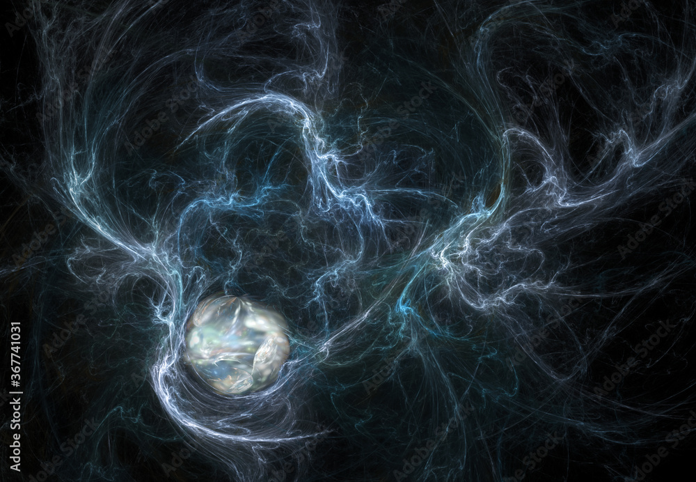 Poster fractals, a small 3d planet in deep space attacked by giant lightning