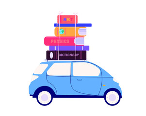 Car carries a pile of books isolated vector illustration. Learning and education concept design