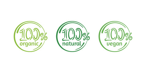 100 natural, 100 organic, 100 vegan icons - tag for hundred percent healthy food, vegetarian nutrition in leaf shape - vector sticker set