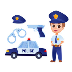 Cartoon police set with policeman, pistol, handcuffs and car
