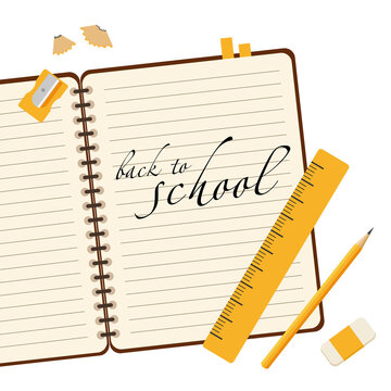 Poster with a notebook, pencil and sharpener and the inscription back to school.
