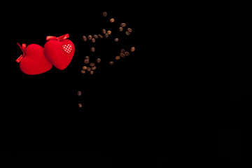red velvet heart on black background. Valentine day greeting card