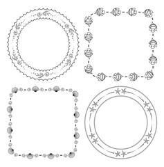 round and quadrate frames with fish and seashells - vector set