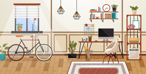 Workspace room, modern bright interior cabinet. Modern workspace with bicycle. Working from home. Remote work. Interior empty no people. Office with computer in living room. Colorful vector in cartoon
