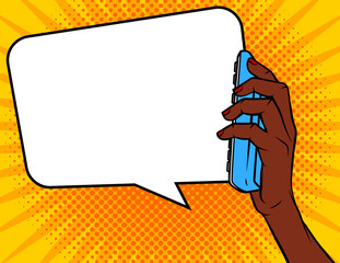 Vector Comic pop art style illustration. Dark skin female hand with phone. Concept design banner of conversation. Dialog with speech bubble over dot background