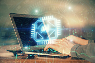 A man working on Laptop with technology theme drawing. Concept of big data. Double exposure.