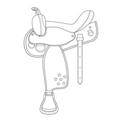 The western saddle is isolated on the white background, line art.