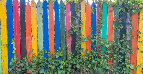 Vue de poteaux en bois de barrière colorés peint  avec des couleurs vives.