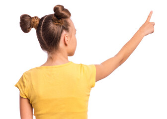 Back view. Teen girl pointing finger away at copyspace, isolated on white background. Teenager in...