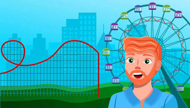 Young red-haired bearded guy smiling at ferris wheel, amusement park, city high buildings at background. Happy smiling man looking at camera. Photo of memorable place. Trip or journey time. Cartoon