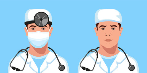 Fototapeta premium Man physician, ENT in a medical cap, with and without medical face mask, head reflector, stethoscope avatar set. Healthcare personal. Therapist. Hospital nurse. 