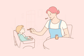 Motherhood, childhood, food, family concept. Young woman mom cartoon character feeding child kid son baby with special childish nutrition. Breakfast dinner lunch or supper and mothers day illustration