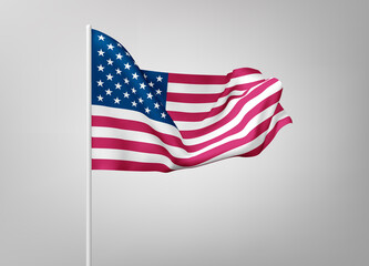 Flags of United States of America on white steel poles isolated on white background. National symbol of USA, silk waving banner with red and white stripes, with stars on blue color. Vector 3d