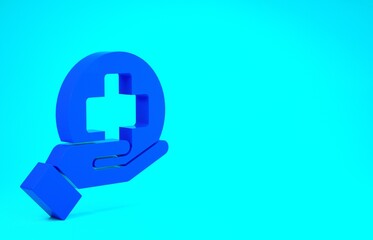 Obraz premium Blue Cross hospital medical icon isolated on blue background. First aid. Diagnostics symbol. Medicine and pharmacy sign. Minimalism concept. 3d illustration 3D render.