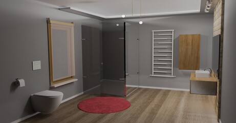 3D render of generic concept modern bathroom at night with artificial lighting with huge glass shower, red rounded carpet, wooden floor. Big mirror and wooden sink. Bathroom decoration background idea