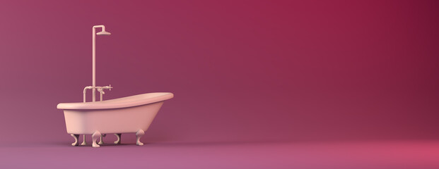 Indoor mockup,pink room with a white simple classic bathtub.  3D rendering illustration with copy space. Furniture shop, interior design decoration concept.