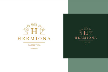 Minimal vector illustration of outline emblem template with elegant flowers and royal crown line style