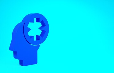Blue Male head with hospital icon isolated on blue background. Head with mental health, healthcare and medical sign. Minimalism concept. 3d illustration 3D render.