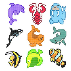 Set pixel sea animals, vector illustration