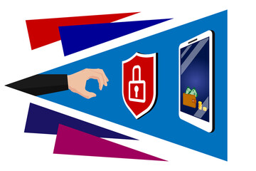 Network and cyber security, data protection. A fraudster's hand is trying to steal data, money from a smartphone, telephone. Shield with lock