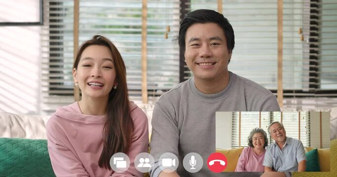 Two Young Family Couples Talking Video Calling From Home. Happy Distance Multi Generational Families Chatting Online In Virtual App Enjoying Lifestyle Communication. Computer Screen Collage View.