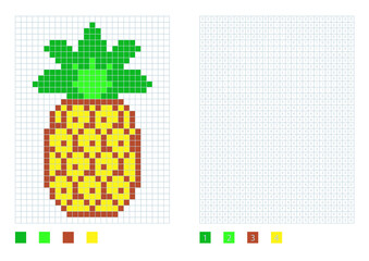 Pixel pineapple in the coloring page with numbered squares, vector illustration