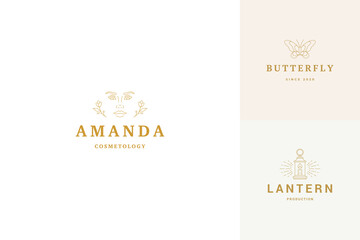 Vector line logos emblems design templates set - female face and flowers illustrations simple minimal linear style