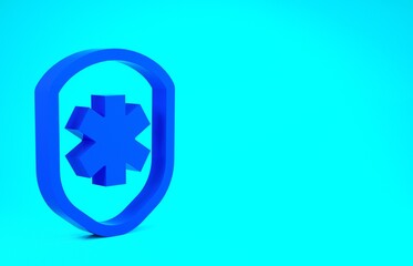 Blue Medical shield with cross icon isolated on blue background. Protection, safety, password security. Minimalism concept. 3d illustration 3D render.