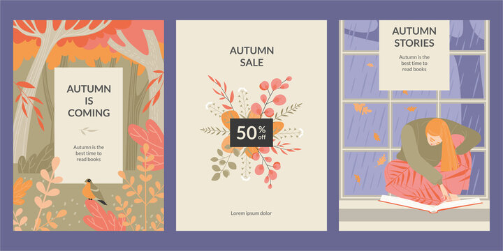 Set of vector banners with a girl reading a book, autumn forest and a bouquet of leaves. Autumn is the best time to read books.