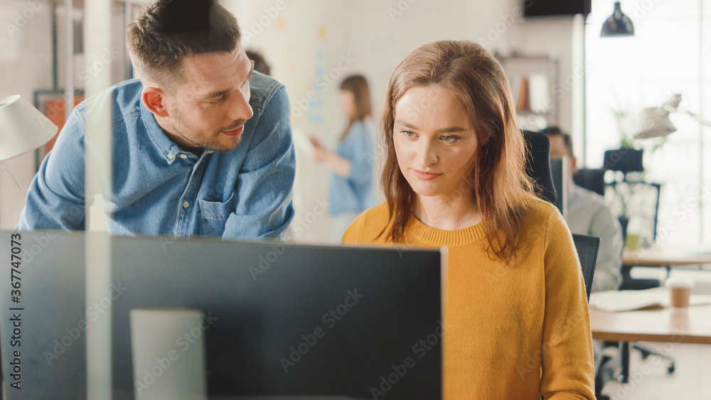 Poster female specialist works on desktop computer, project manager stands beside and gives advice on optim