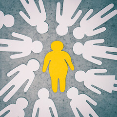 Naklejka premium Yellow silhouette of fat man in the center on gray background. White figures of people around. Bullying and aggression of people who are overweight.