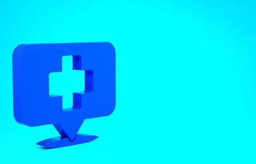 Obraz premium Blue Medical map pointer with cross hospital icon isolated on blue background. Minimalism concept. 3d illustration 3D render.