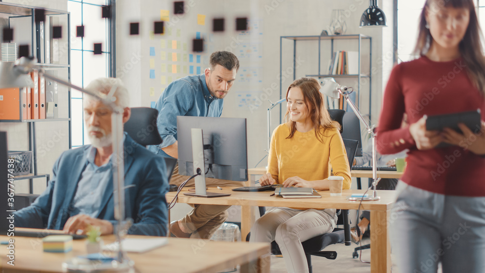Poster In the Busy Office: Group of Professional Businesspeople Working on Desktop Computers, Talking With Colleagues. Business Management Optimizing Strartup Workflow, Works with Clients and Customers