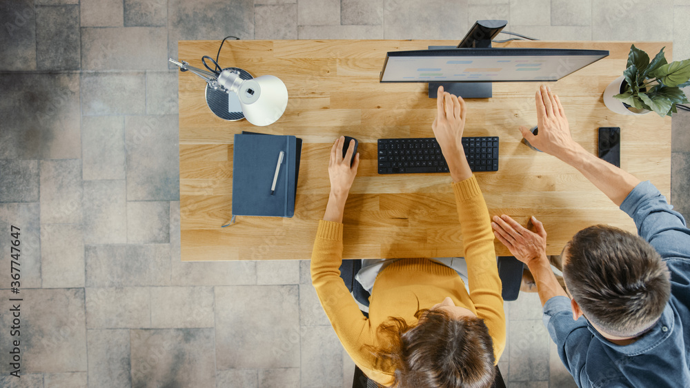 Poster Top View Shot: Female Office Worker Uses Desktop Computer, Project Manager Stands Beside and gives Advice on Optimizing Workflow for Customer Experience Management.
