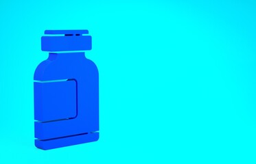Blue Sports nutrition bodybuilding proteine power drink and food icon isolated on blue background. Minimalism concept. 3d illustration 3D render.