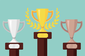 vector illustration of silver,gold and bronze championship cups on pedestals.three metallic trophy on blue background.