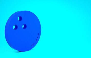 Blue Bowling ball icon isolated on blue background. Sport equipment. Minimalism concept. 3d illustration 3D render.