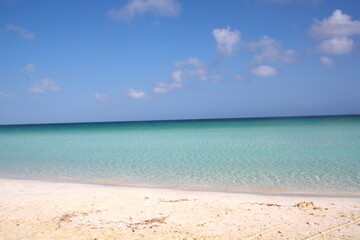 Fototapeta na wymiar Beautiful paradise panorama of a white sand beach and turquoise blue green water sea in Cuba.