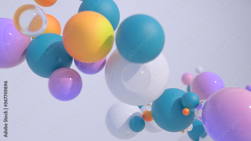 Poster minimal simple and beautiful color abstract background. multicolor 3d spheres or balls floating on w